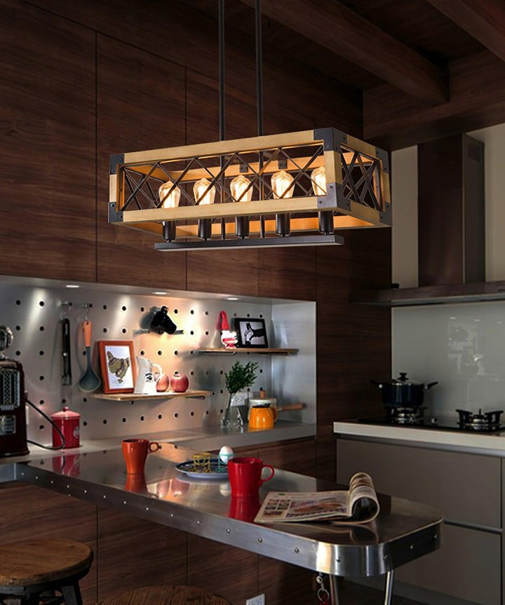 Rectangular Wood & Metal Kitchen Island Pendant Light
