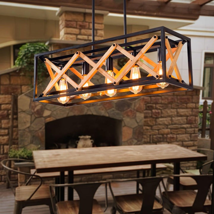 Rectangular Wood & Metal Kitchen Island Pendant Light