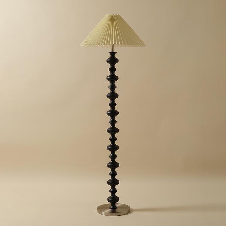Rhythmic Sculpted Wooden Floor Lamp with Pleated Shade