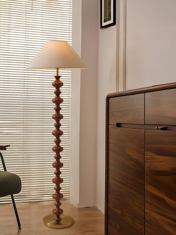 Rhythmic Sculpted Wooden Floor Lamp with Pleated Shade