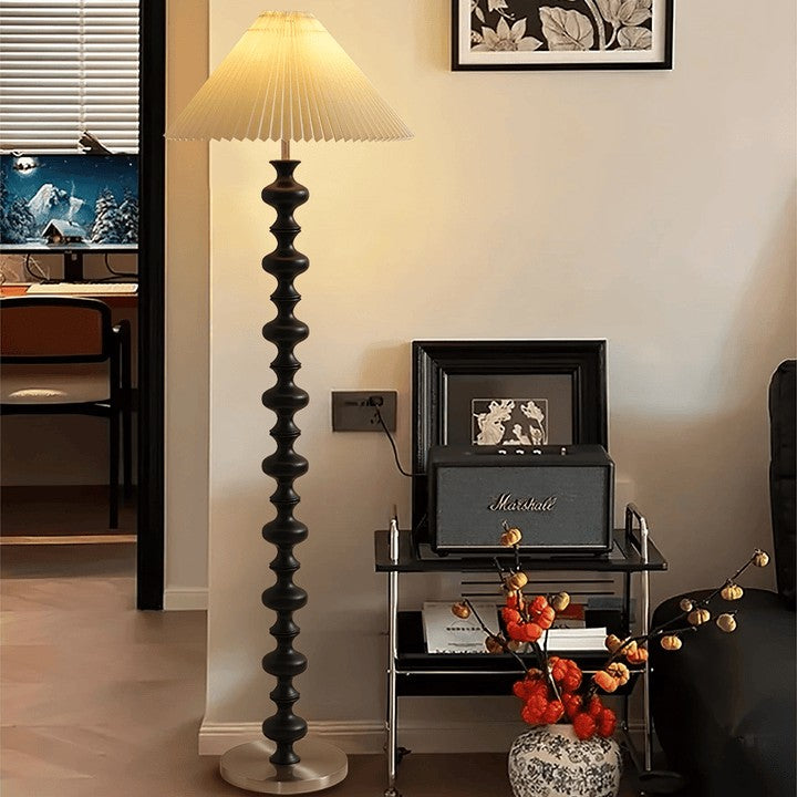 Rhythmic Sculpted Wooden Floor Lamp with Pleated Shade