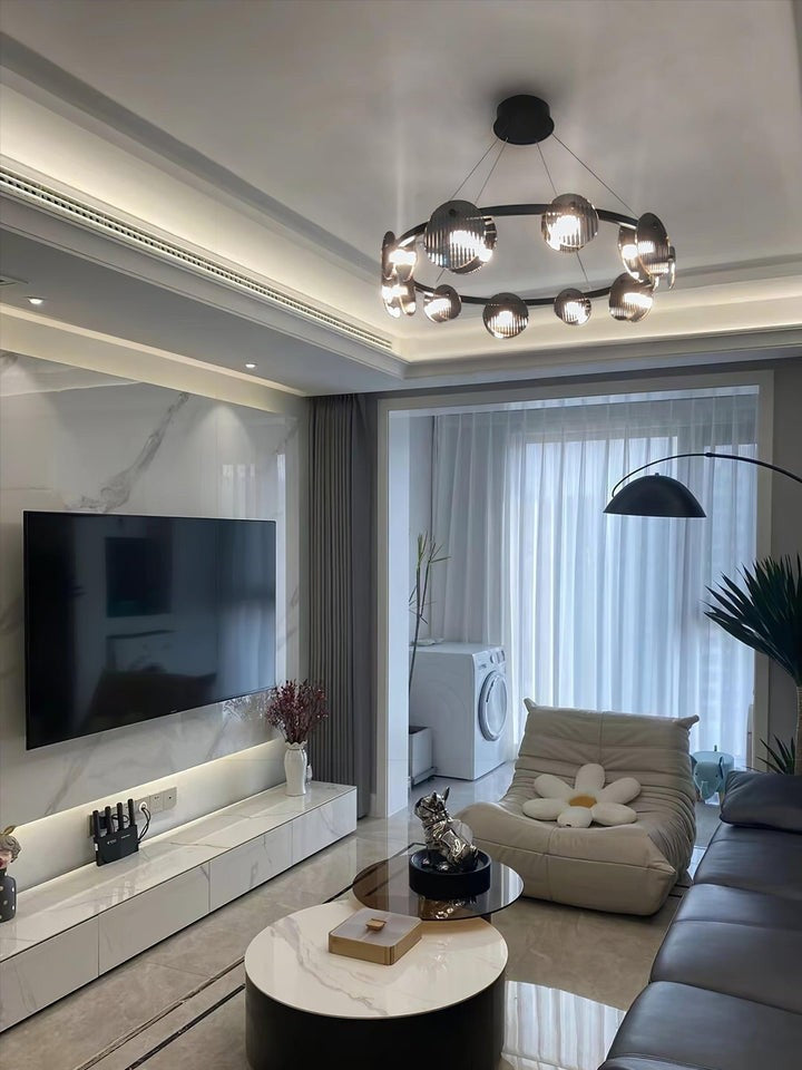 Round Black Metal LED Chandelier with Smoky Glass Shades