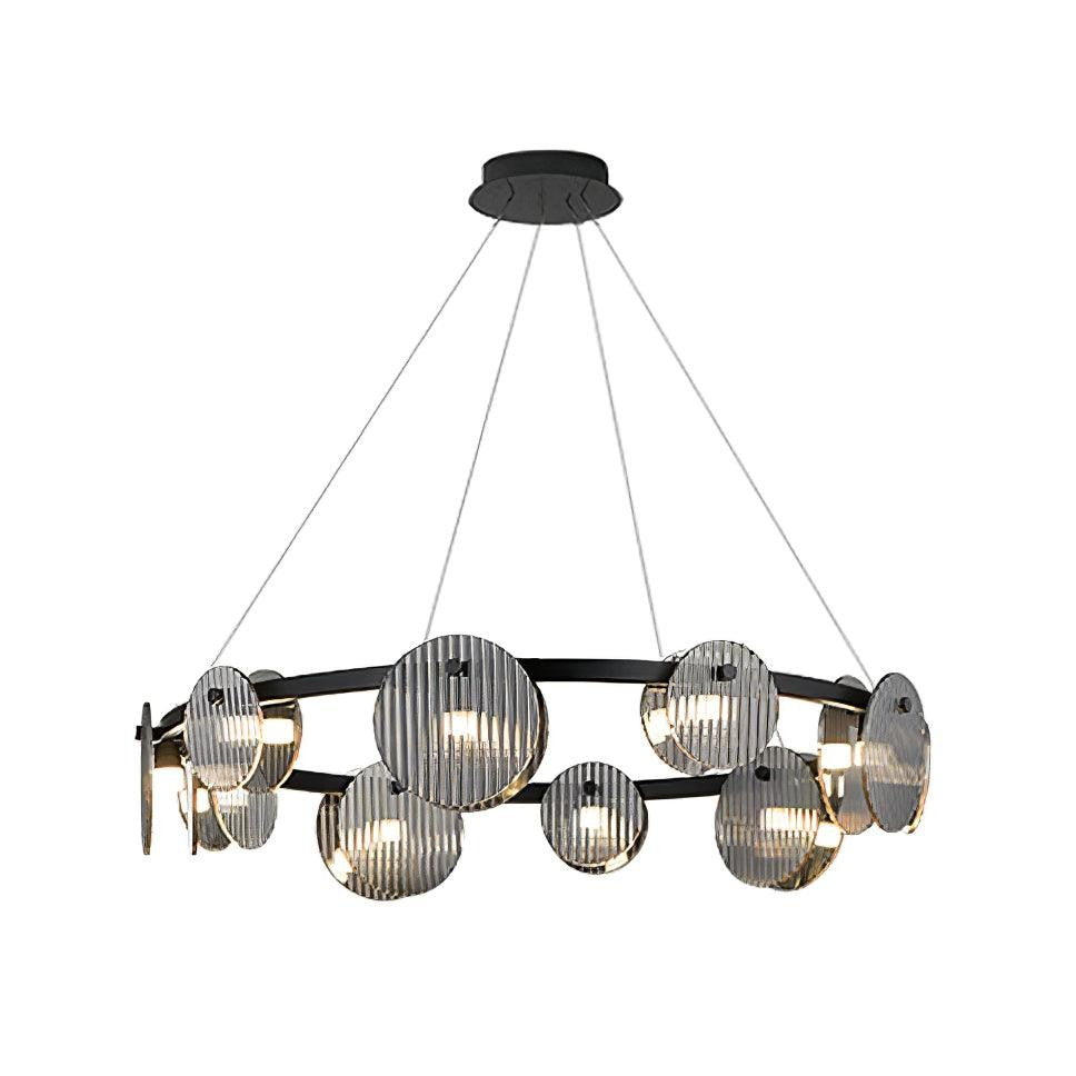 Round Black Metal LED Chandelier with Smoky Glass Shades