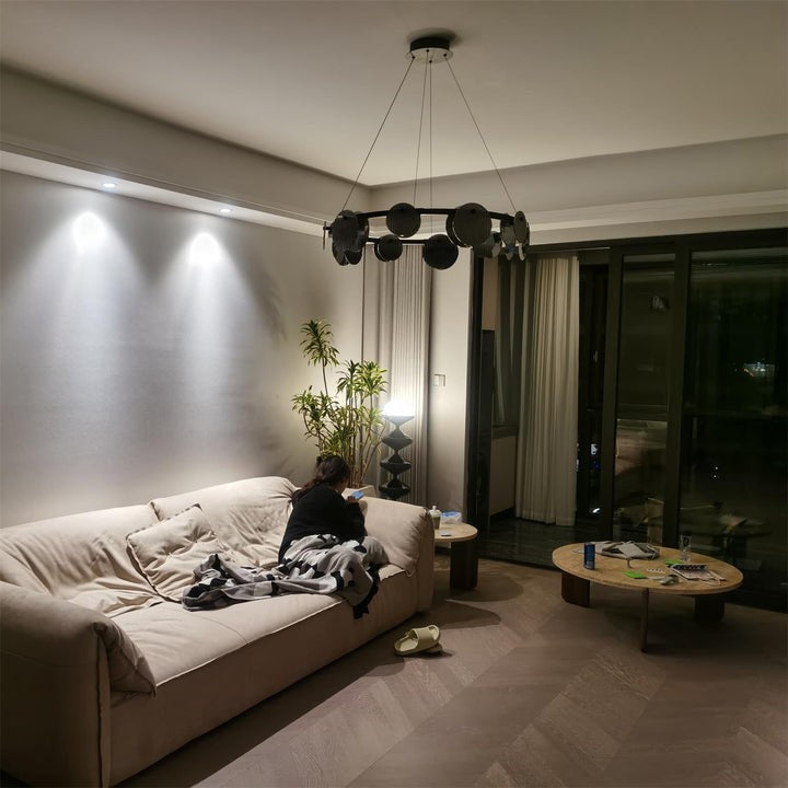 Round Black Metal LED Chandelier with Smoky Glass Shades