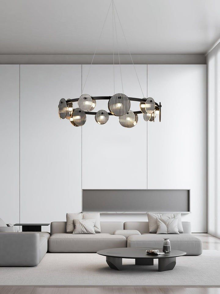 Round Black Metal LED Chandelier with Smoky Glass Shades