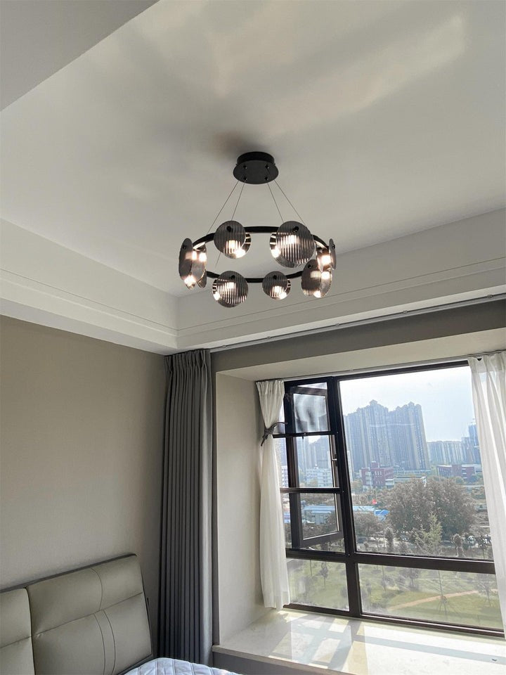 Round Black Metal LED Chandelier with Smoky Glass Shades