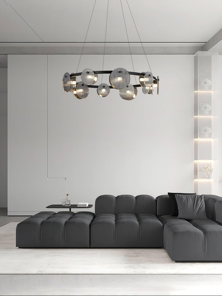 Round Black Metal LED Chandelier with Smoky Glass Shades