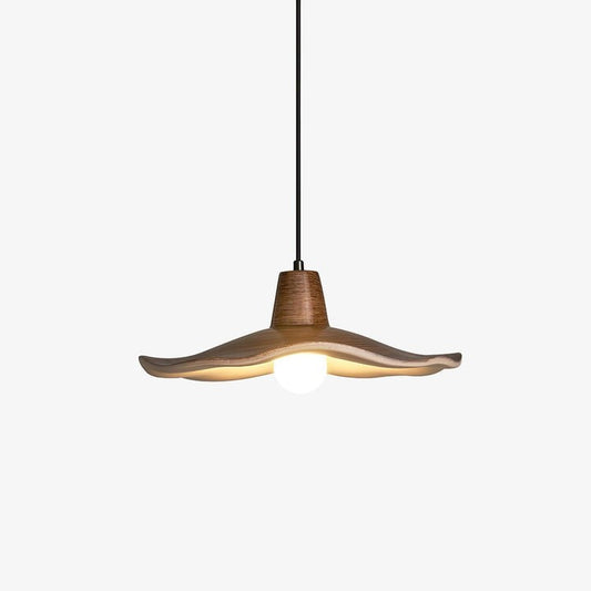 Ruffled Resin Pendant Light with Walnut Wood-Grain Shade