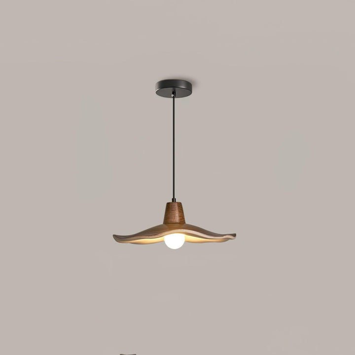 Ruffled Resin Pendant Light with Walnut Wood-Grain Shade