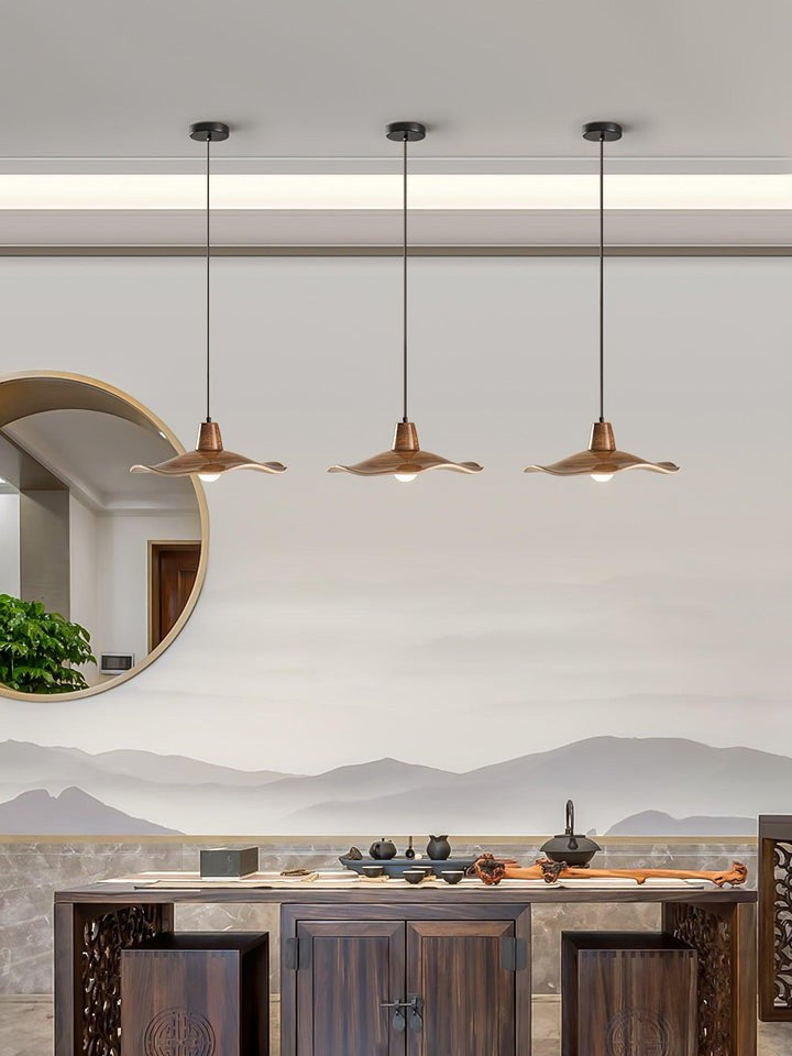 Ruffled Resin Pendant Light with Walnut Wood-Grain Shade