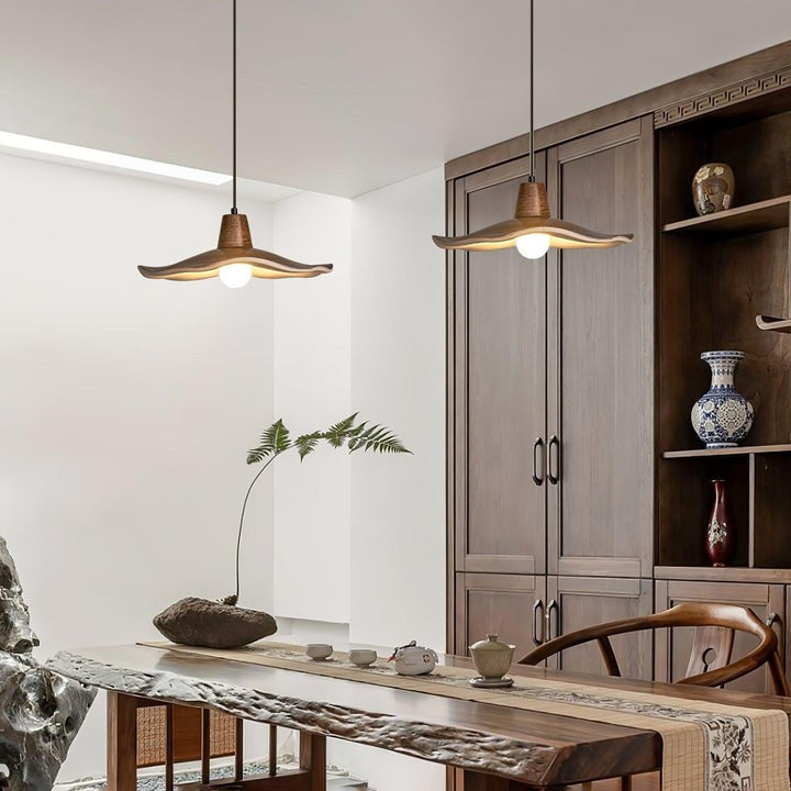 Ruffled Resin Pendant Light with Walnut Wood-Grain Shade