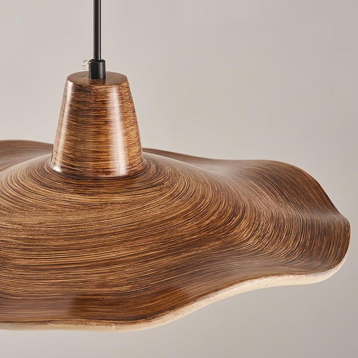 Ruffled Resin Pendant Light with Walnut Wood-Grain Shade