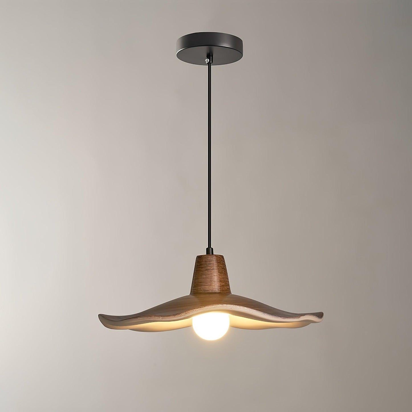 Ruffled Resin Pendant Light with Walnut Wood-Grain Shade