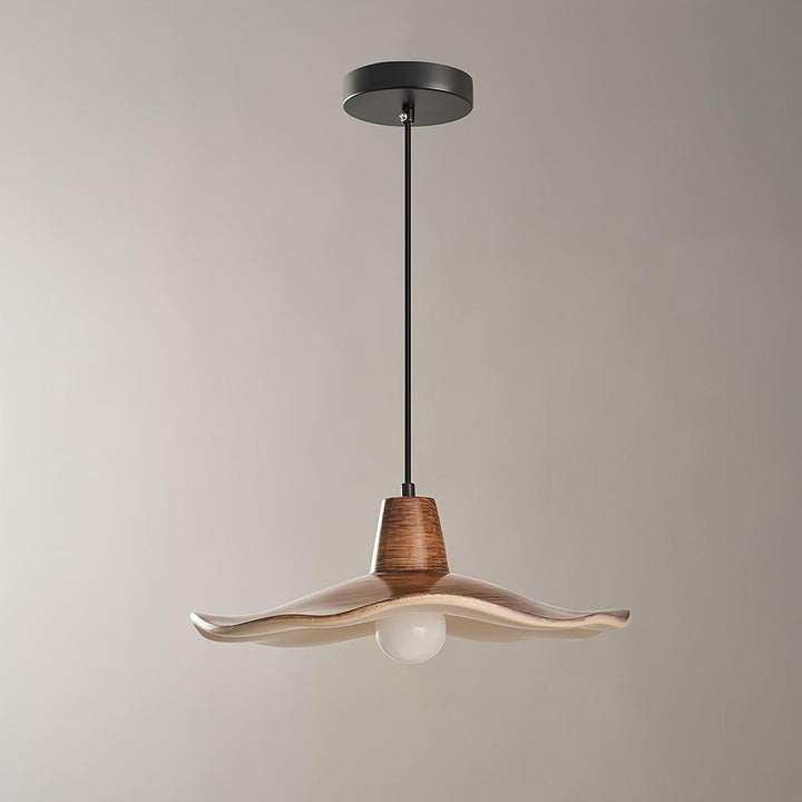 Ruffled Resin Pendant Light with Walnut Wood-Grain Shade