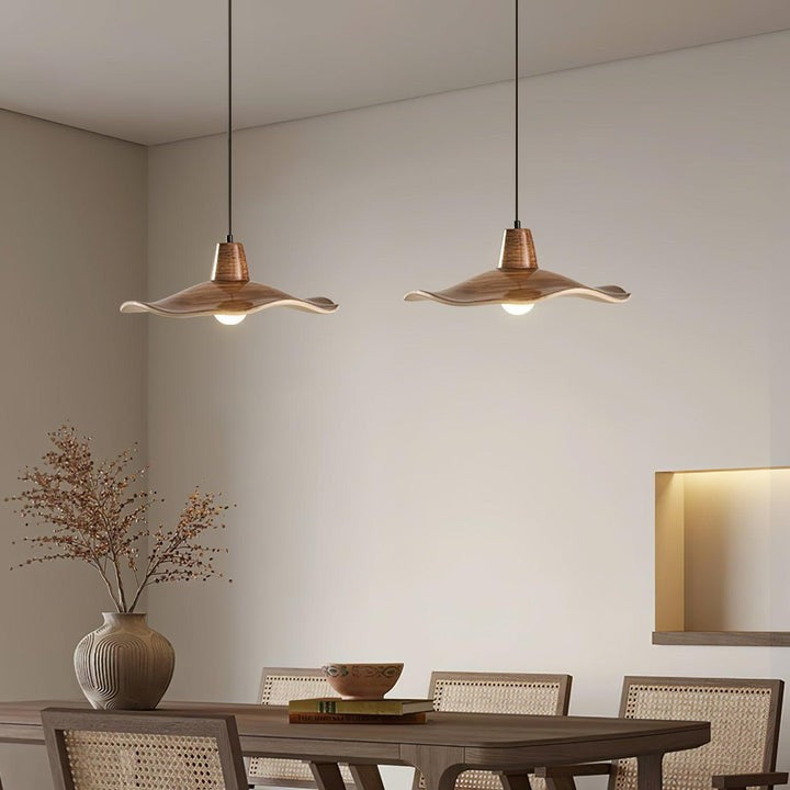 Ruffled Resin Pendant Light with Walnut Wood-Grain Shade
