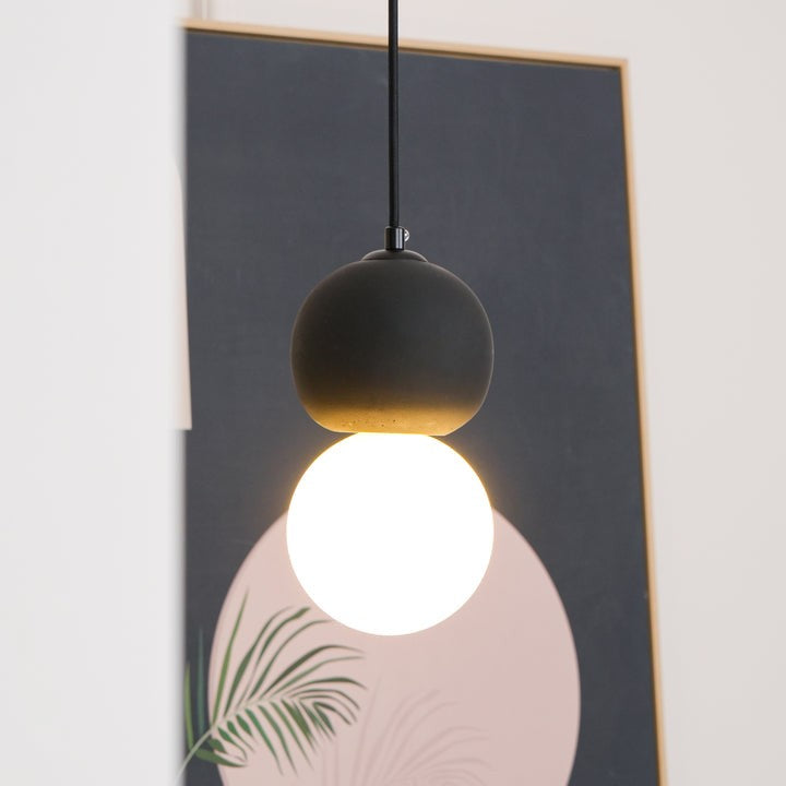 Spherical Volcanic Rock Pendant Light with Opal Glass Diffuser
