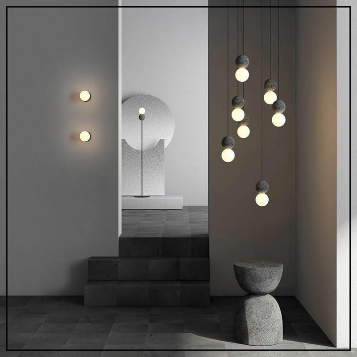 Spherical Volcanic Rock Pendant Light with Opal Glass Diffuser