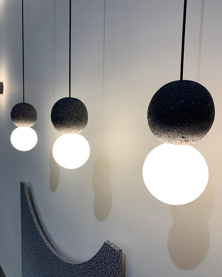 Spherical Volcanic Rock Pendant Light with Opal Glass Diffuser