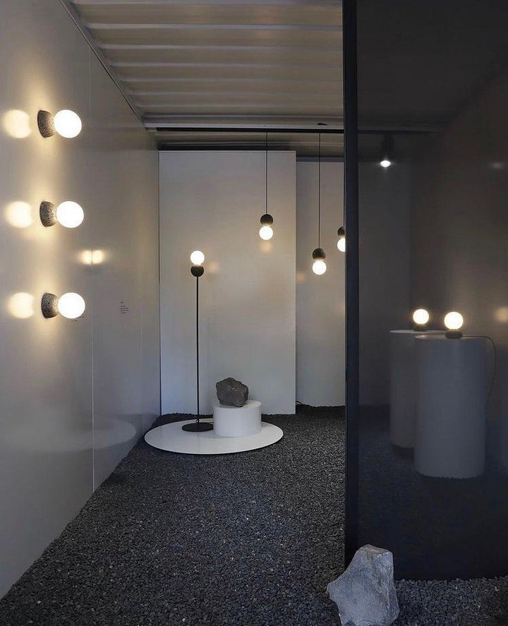 Spherical Volcanic Rock Pendant Light with Opal Glass Diffuser