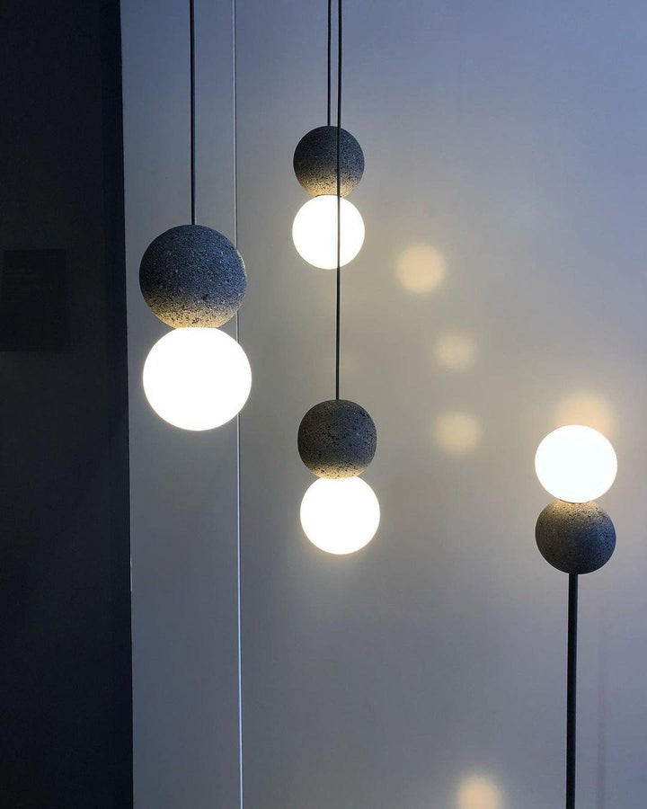 Spherical Volcanic Rock Pendant Light with Opal Glass Diffuser