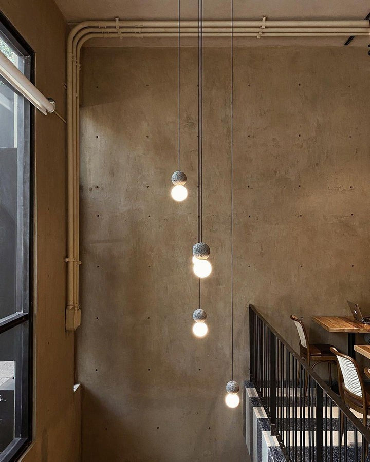 Spherical Volcanic Rock Pendant Light with Opal Glass Diffuser