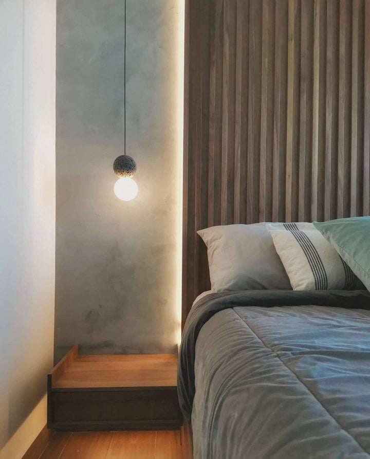 Spherical Volcanic Rock Pendant Light with Opal Glass Diffuser