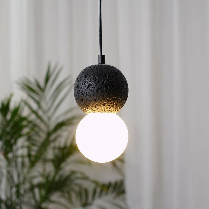 Spherical Volcanic Rock Pendant Light with Opal Glass Diffuser