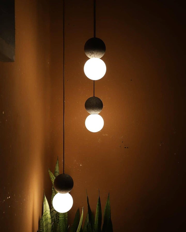 Spherical Volcanic Rock Pendant Light with Opal Glass Diffuser