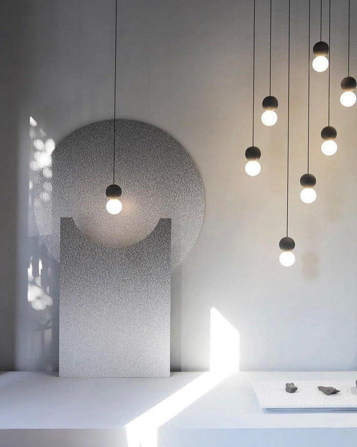 Spherical Volcanic Rock Pendant Light with Opal Glass Diffuser