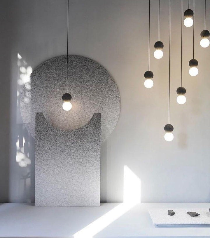 Spherical Volcanic Rock Pendant Light with Opal Glass Diffuser