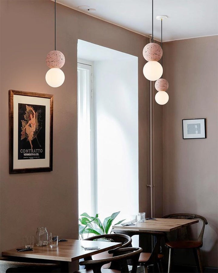 Spherical Volcanic Rock Pendant Light with Opal Glass Diffuser