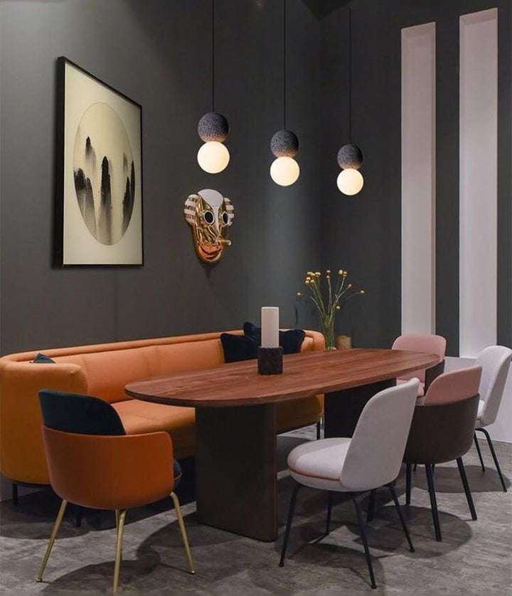 Spherical Volcanic Rock Pendant Light with Opal Glass Diffuser
