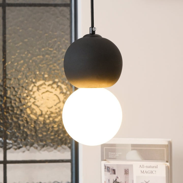 Spherical Volcanic Rock Pendant Light with Opal Glass Diffuser