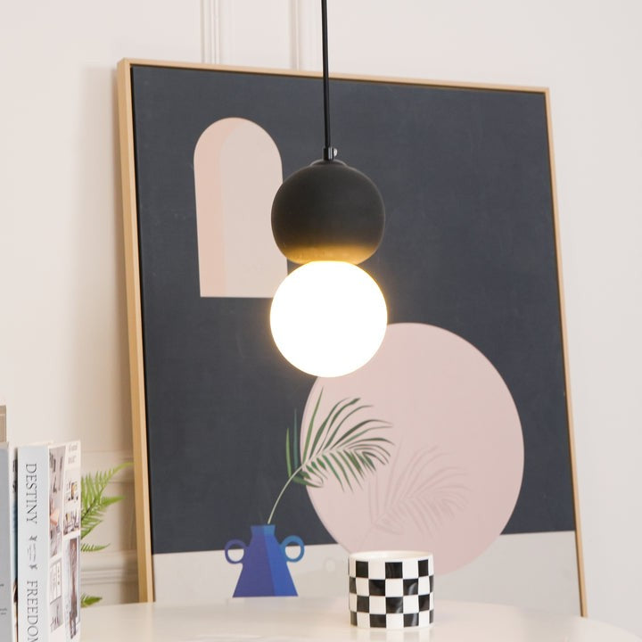Spherical Volcanic Rock Pendant Light with Opal Glass Diffuser