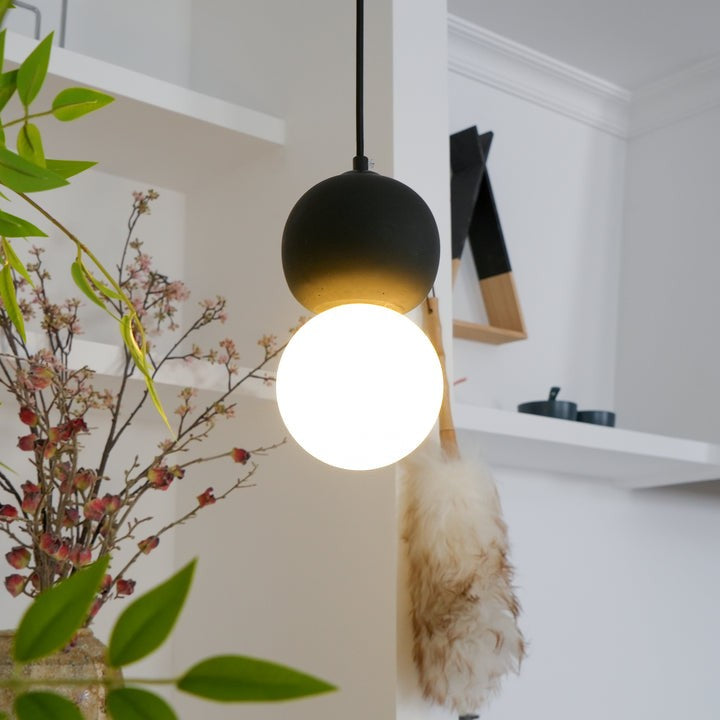 Spherical Volcanic Rock Pendant Light with Opal Glass Diffuser