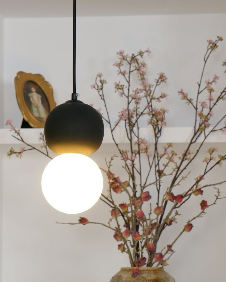 Spherical Volcanic Rock Pendant Light with Opal Glass Diffuser
