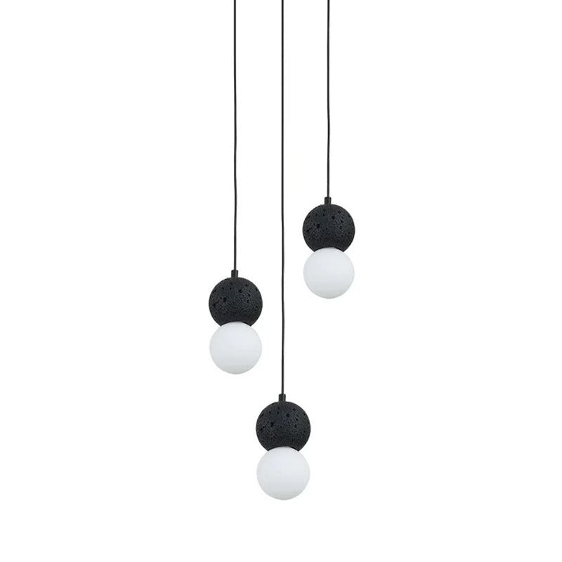 Spherical Volcanic Rock Pendant Light with Opal Glass Diffuser