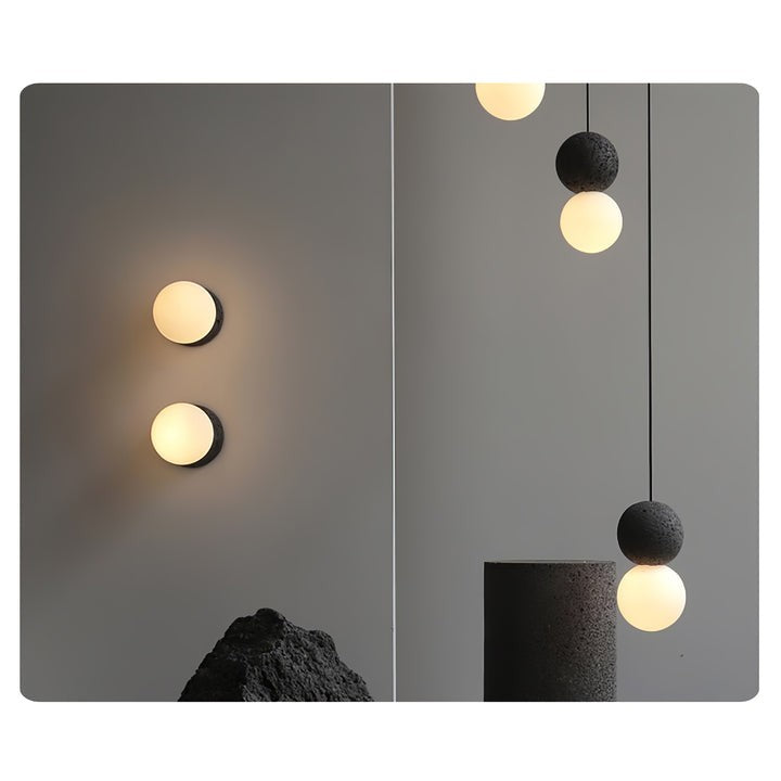 Spherical Volcanic Rock Pendant Light with Opal Glass Diffuser