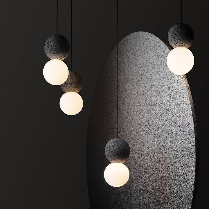 Spherical Volcanic Rock Pendant Light with Opal Glass Diffuser