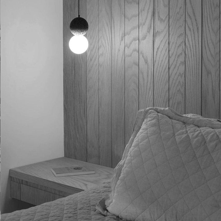 Spherical Volcanic Rock Pendant Light with Opal Glass Diffuser