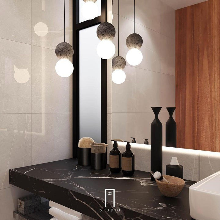 Spherical Volcanic Rock Pendant Light with Opal Glass Diffuser