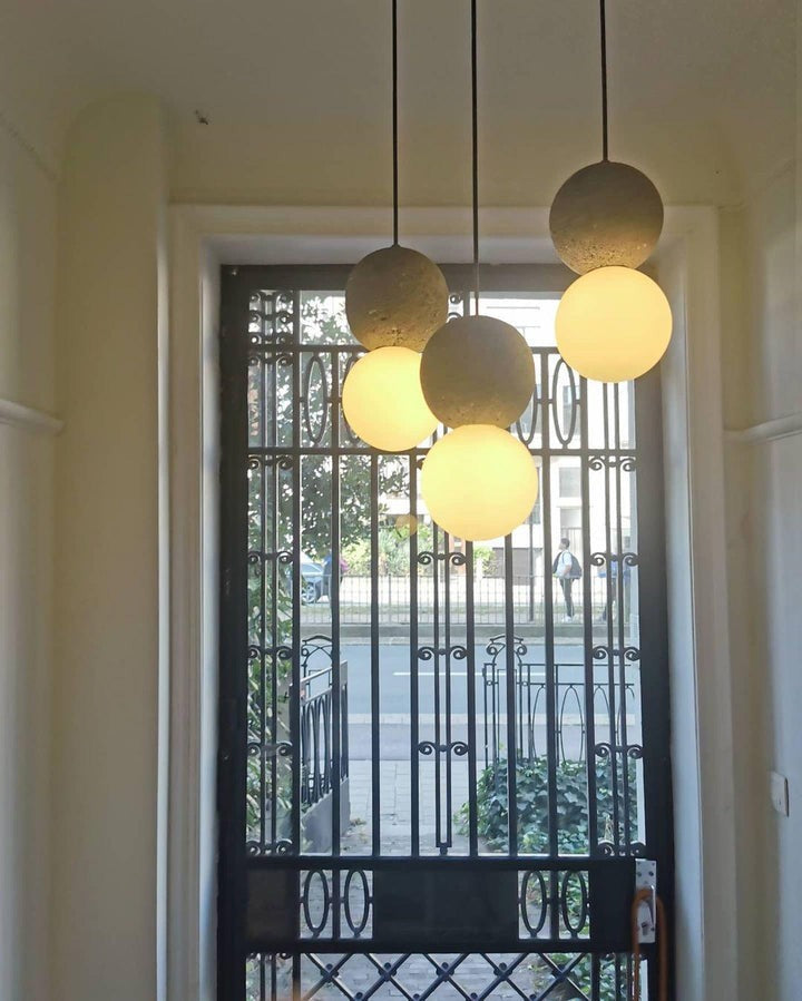 Spherical Volcanic Rock Pendant Light with Opal Glass Diffuser