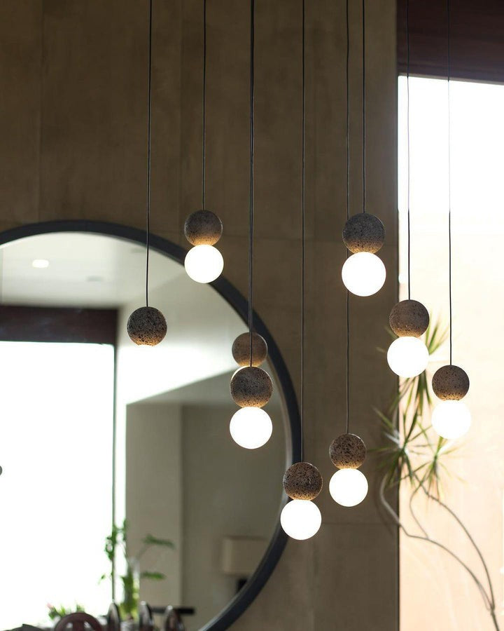 Spherical Volcanic Rock Pendant Light with Opal Glass Diffuser