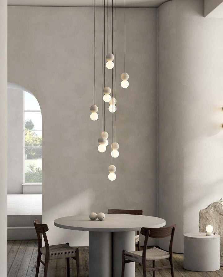 Spherical Volcanic Rock Pendant Light with Opal Glass Diffuser