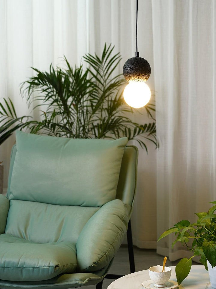 Spherical Volcanic Rock Pendant Light with Opal Glass Diffuser