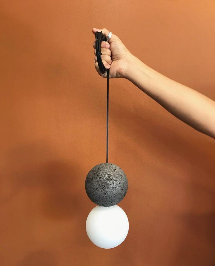 Spherical Volcanic Rock Pendant Light with Opal Glass Diffuser