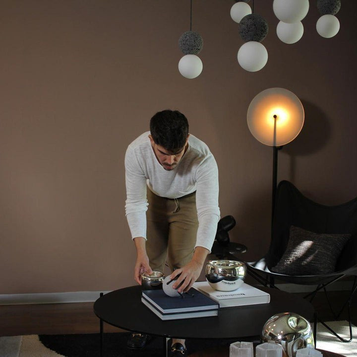 Spherical Volcanic Rock Pendant Light with Opal Glass Diffuser
