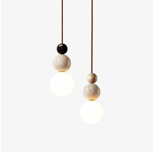 Stacked Globe Duo Pendant Light in Yellow Travertine & Wood