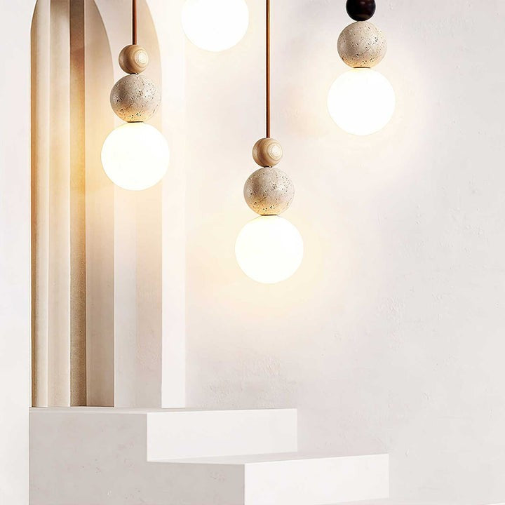 Stacked Globe Duo Pendant Light in Yellow Travertine & Wood