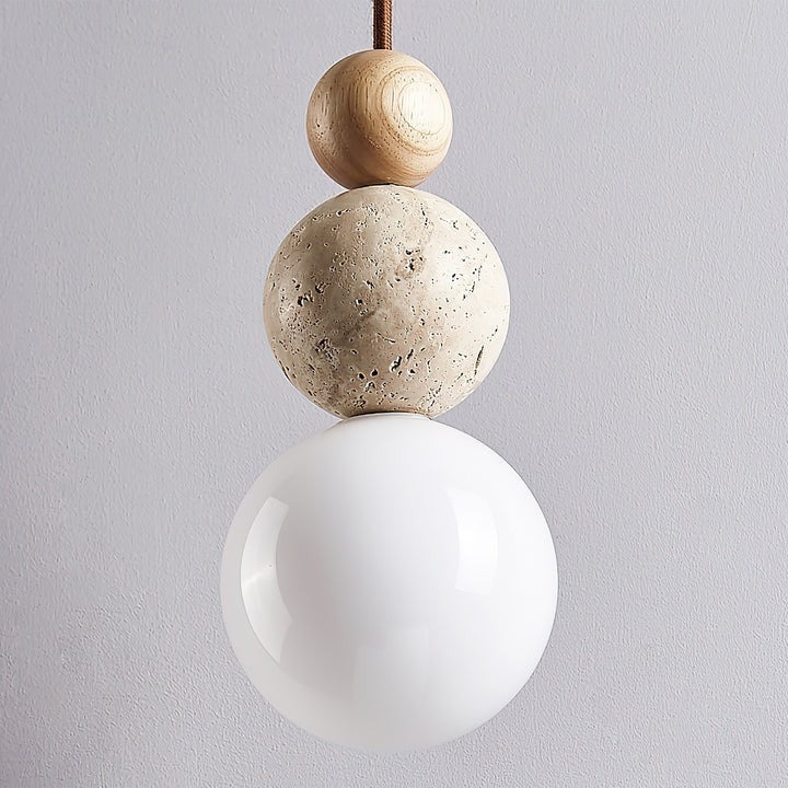 Stacked Globe Duo Pendant Light in Yellow Travertine & Wood